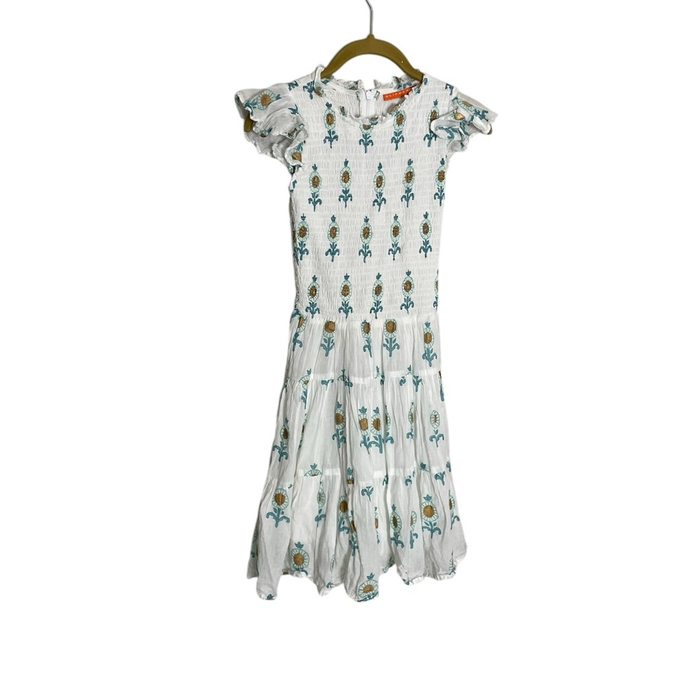Oliphant Nwot White Floral Smocked Maxi Dress With Teal And Gold Print